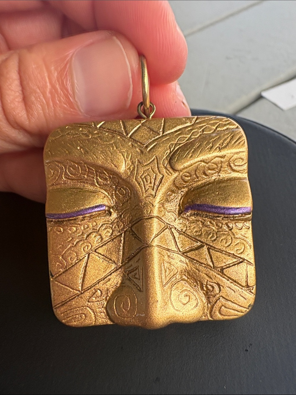 Artisan Face Mask Pendant Gold Tone Purple Statement Wearable Art vintage Y2K - Picture 4 of 12